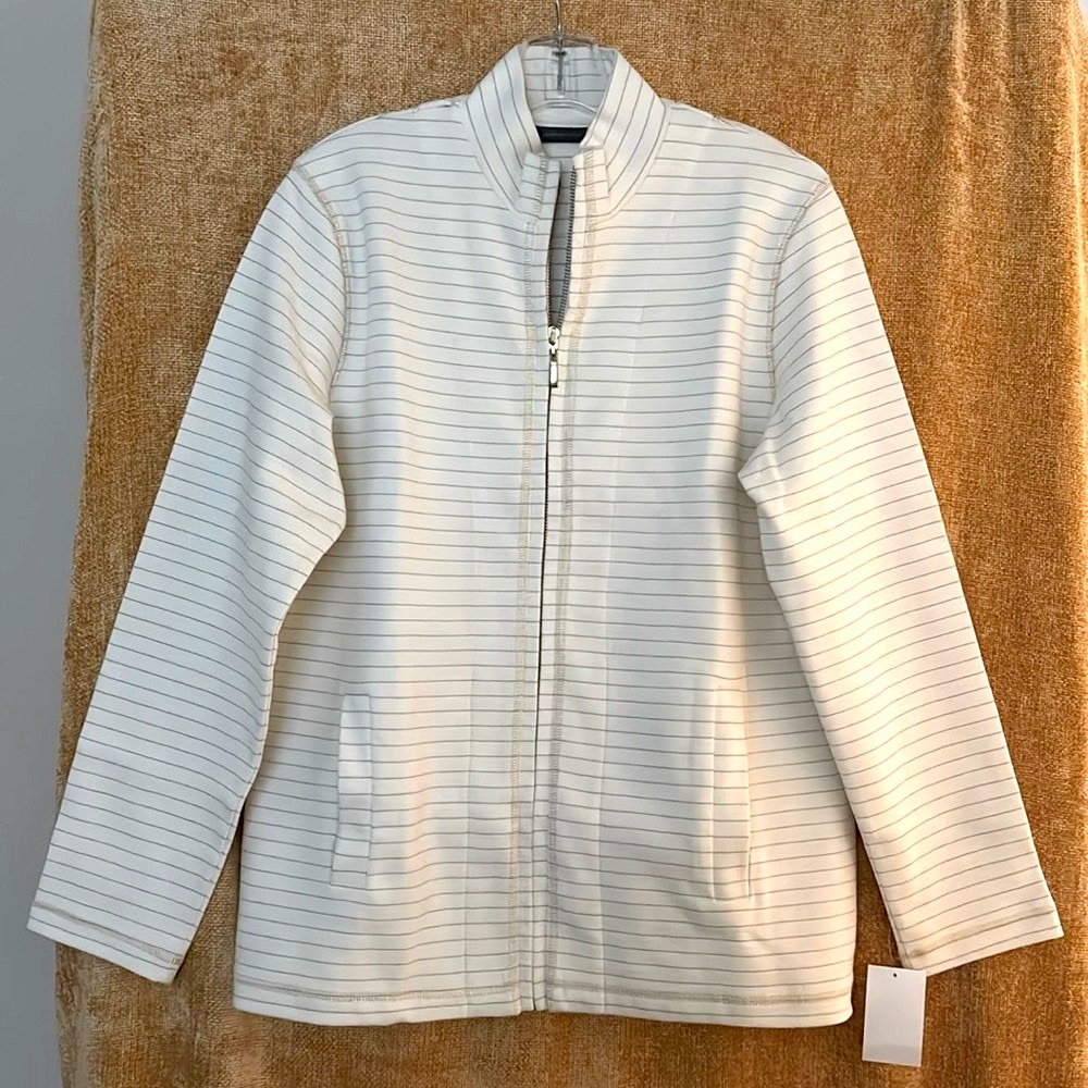 AMBER SUN OFF WHITE PRISTINE/ GOLD STRIPE FRONT ZIPPER JACKET- SIZE LARGE